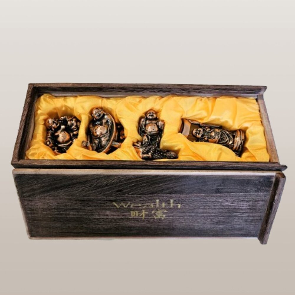 Box Set of 4 Wealth Buddha Figurines with Bao Loc Silk Chinese Calendar Scarf